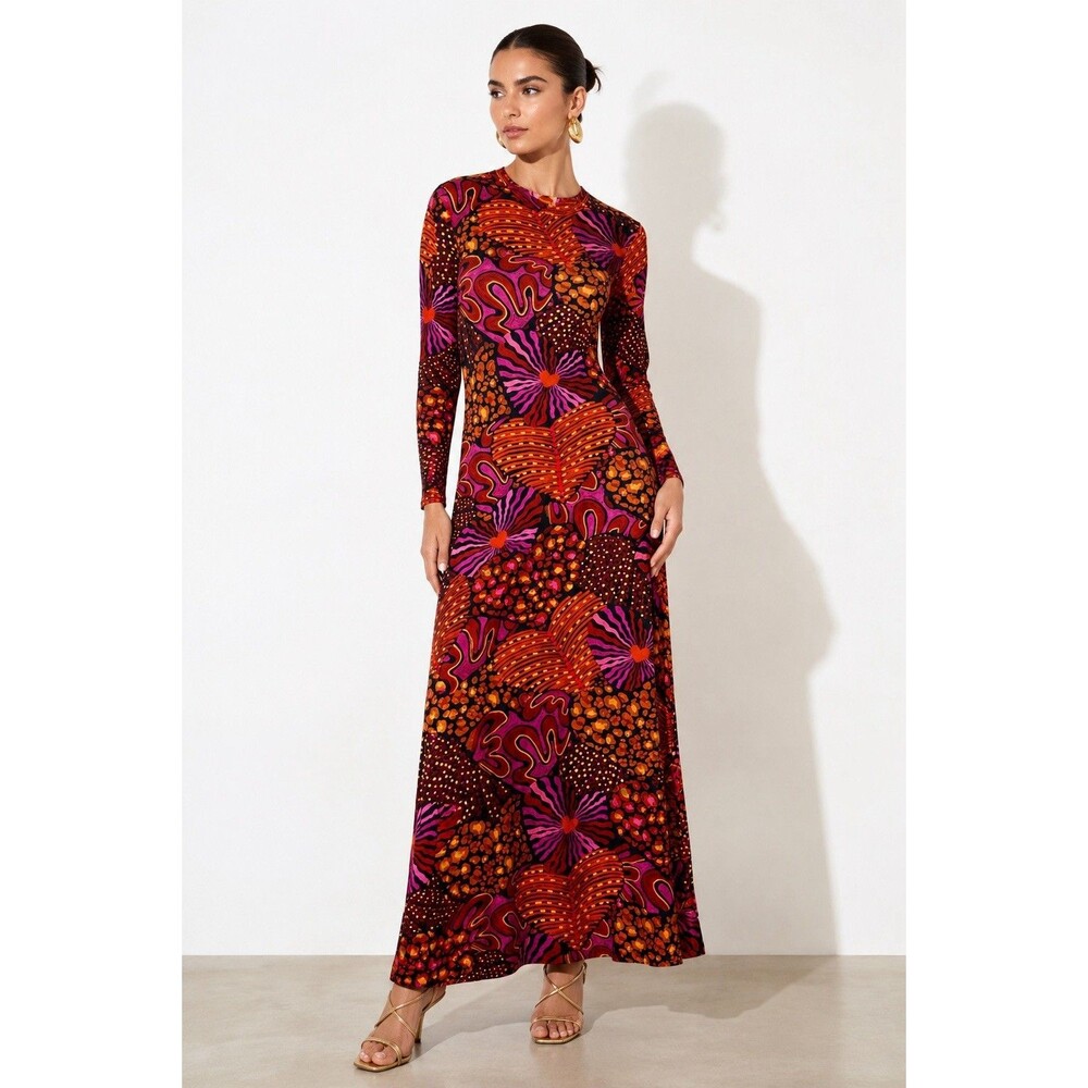 FARM Rio Leopard Hearts Maxi Dress Large Pink Orange Abstract Print Stretch